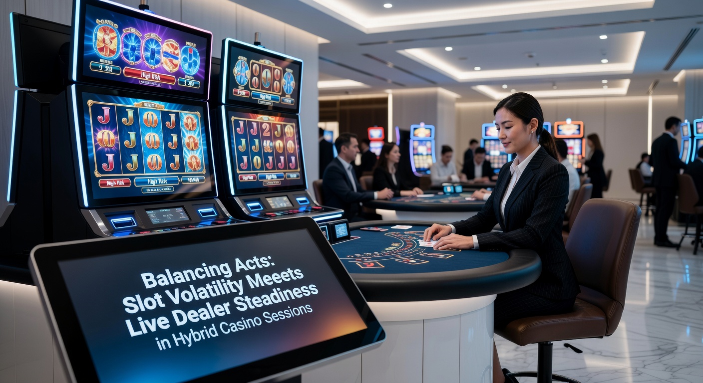 Player dashboard in a hybrid session, split-screen with a high-volatility slot bonus round exploding on one side and a calm live roulette wheel spinning on the other