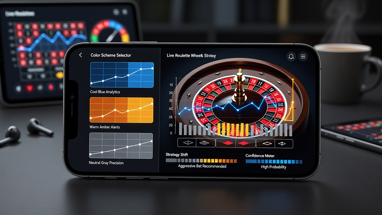 Close-up of a mobile roulette charting interface with mixed color schemes showing strategy adjustment indicators and historical spin data