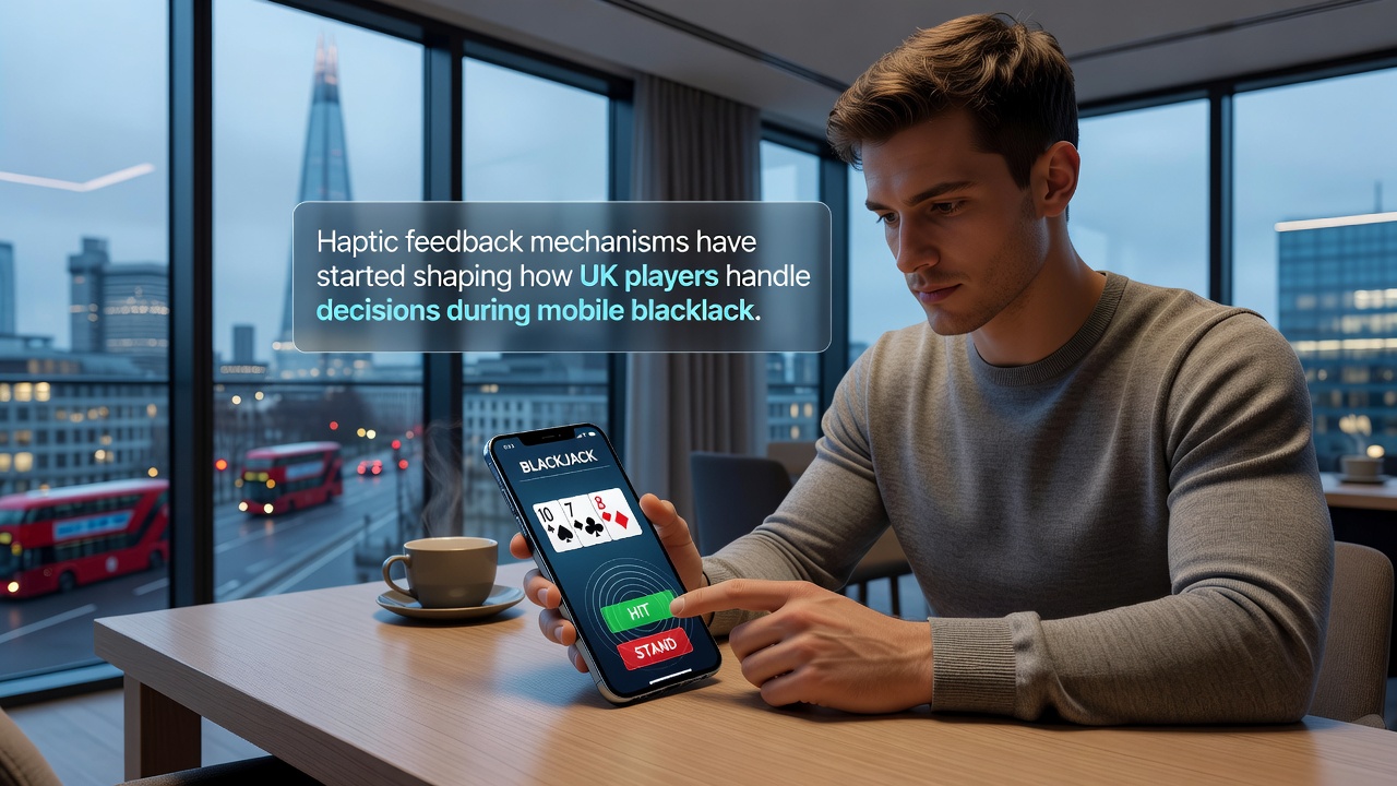 Mobile device showing blackjack table interface with haptic feedback settings menu open alongside real-time game action