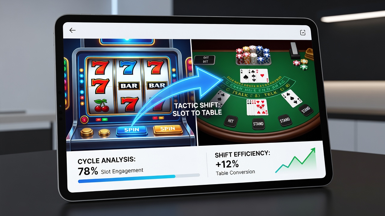 Split screen view on tablet showing transition from spinning slot reels to live blackjack table with visual prompts