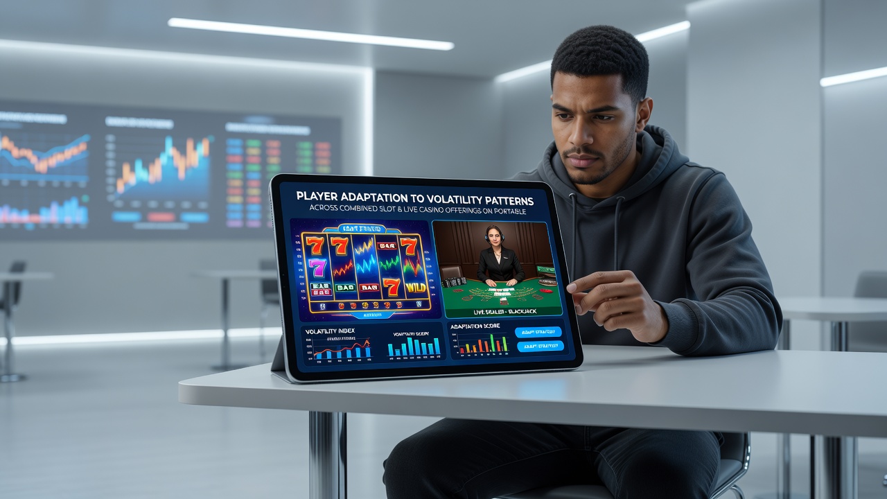 Close-up of player hands on a tablet displaying both slot reels and live casino stream simultaneously