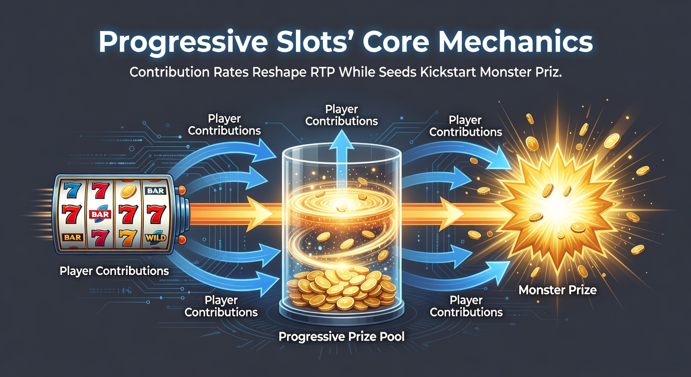 Close-up of progressive slot interface displaying multiple jackpot tiers, contribution meter, and seed value reset after a win, with animated coins pouring into a central pot
