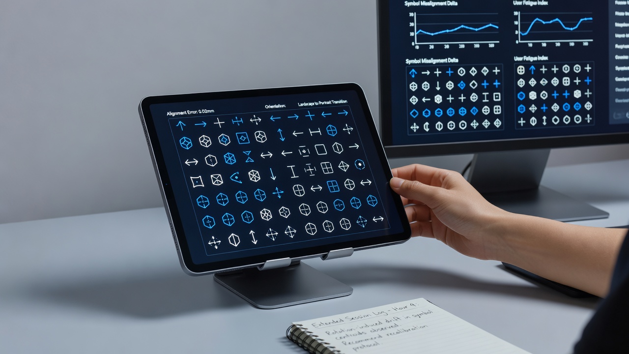 Close-up view of tablet screen showing slot symbols with alignment measurement overlays during a landscape to portrait transition