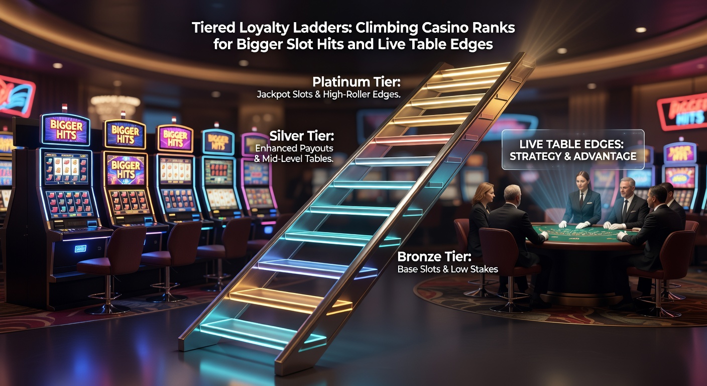 Player ascending a glowing loyalty ladder graphic with slot reels and live dealer tables at each tier level