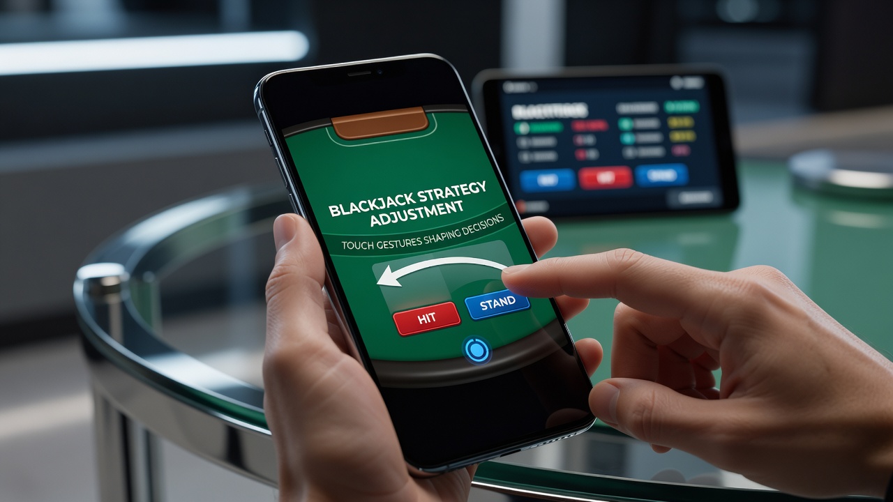 Mobile blackjack gameplay screen showing gesture prompts and strategy overlay on a smartphone