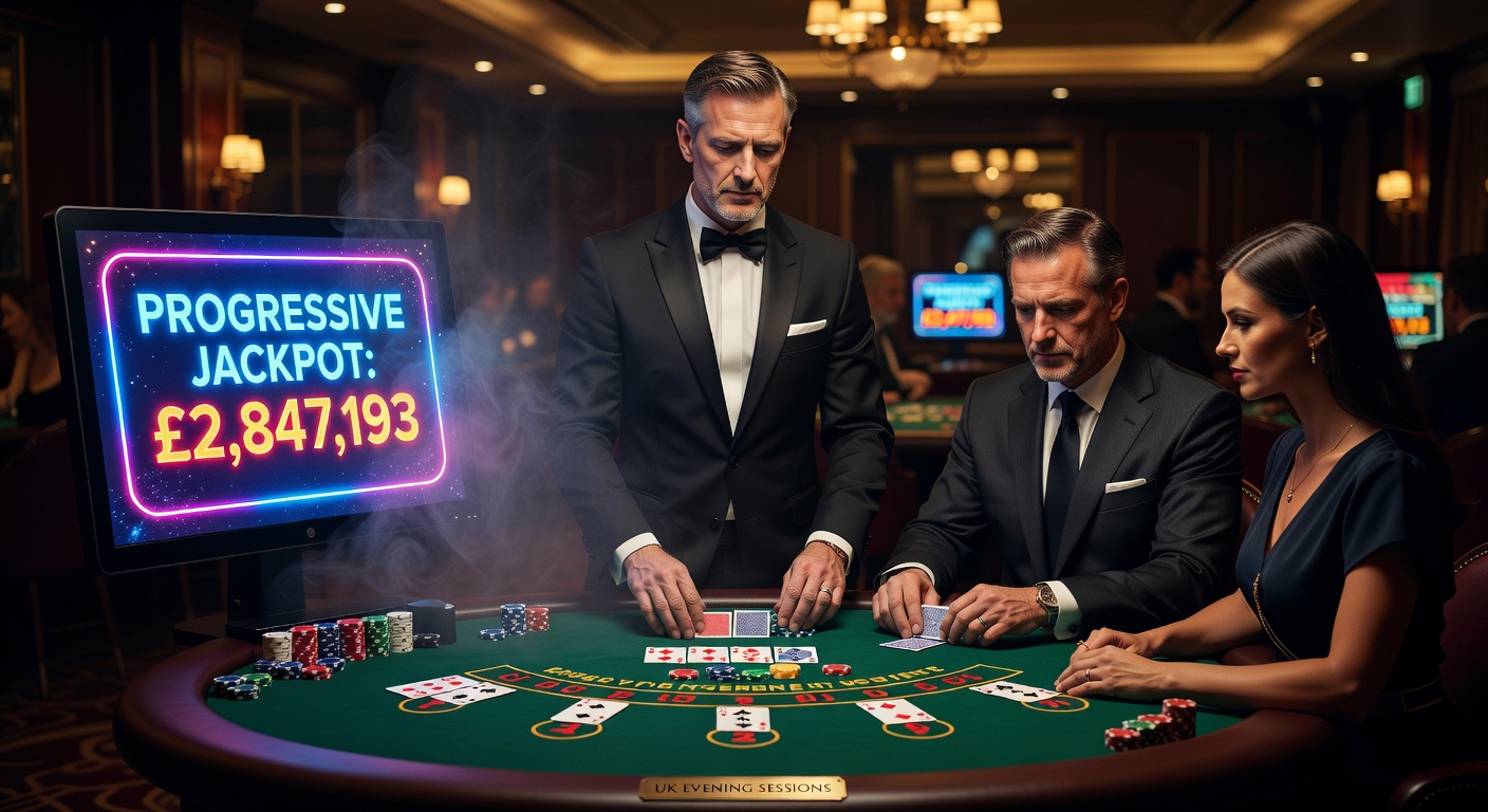 Close-up of a live blackjack dealer dealing cards while a progressive jackpot meter climbs in the background on a split-screen casino dashboard during a bustling UK night session